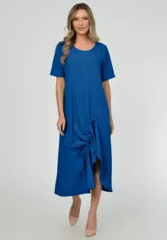 Rochie lunga A-line din in mercerizat cu siret la poale, albastra imagine