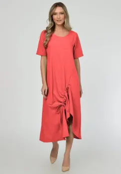 Rochie lunga A-line din in mercerizat cu siret la poale, corai imagine