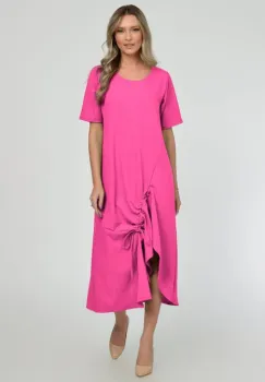 Rochie lunga A-line din in mercerizat cu siret la poale, fucsia imagine