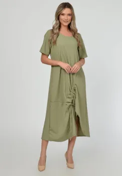 Rochie lunga A-line din in mercerizat cu siret la poale, kaki deschis imagine