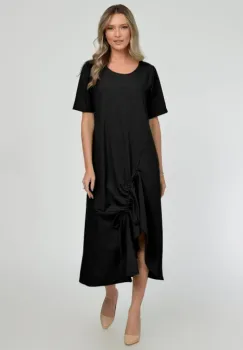 Rochie lunga A-line din in mercerizat cu siret la poale, neagra imagine