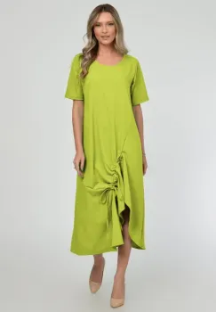Rochie lunga A-line din in mercerizat cu siret la poale, verde inchis imagine