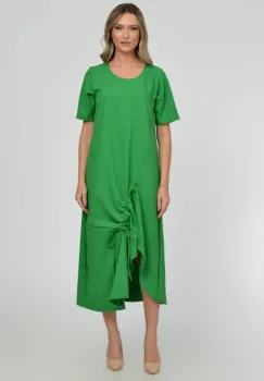 Rochie lunga A-line din in mercerizat cu siret la poale, verde intens imagine
