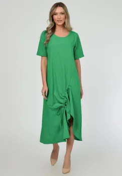 Rochie lunga A-line din in mercerizat cu siret la poale, verde smarald imagine