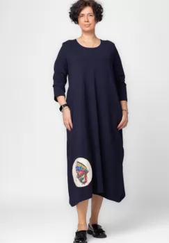 Rochie lunga A-line din tricot de bumbac bleumarin cu imprimeu fluture imagine