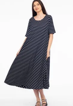 Rochie lunga A-line, din tricot de bumbac, cu dungi albe pe fond bleumarin imagine