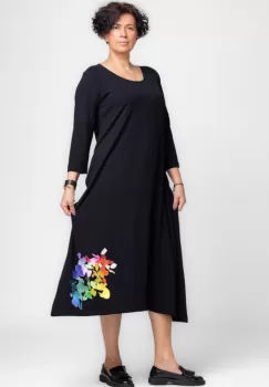 Rochie lunga A-line din tricot de bumbac neagra cu imprimeu petale imagine