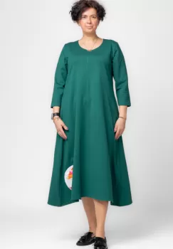 Rochie lunga A-line din tricot de bumbac verde cu aplicatie flori imagine