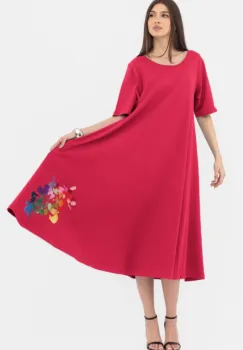 Rochie lunga A-line, fucsia inchis, cu imprimeu floare stilizata cu petale multicolore imagine