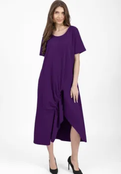 Rochie lunga A-line mov inchis, din tricot de bumbac cu siret la poale imagine