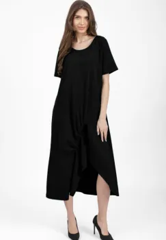 Rochie lunga A-line neagra, din tricot de bumbac cu siret la poale imagine