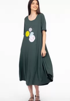 Rochie lunga A-line verde, cu imprimeu grafic chip, din tricot de bumbac imagine