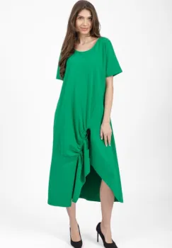 Rochie lunga A-line verde, din tricot de bumbac cu siret la poale imagine