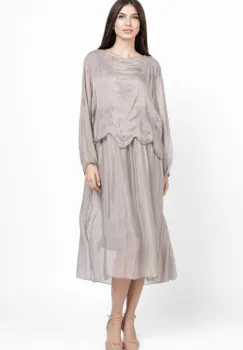 Rochie lunga bej, cu broderie florala si bordura, din matase naturala imagine