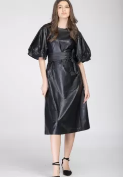 Rochie lunga cambrata din piele ecologica cu maneci bufante imagine