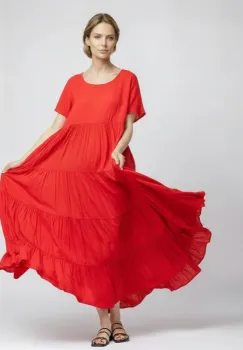 Rochie lunga, croi amplu cu patru volane, stil boem elegant, corai imagine