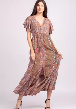 Rochie lunga cu volan si imprimeu floral, din matase indiana in nuante de roz imagine