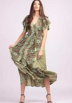 Rochie lunga cu volan si imprimeu floral, din matase indiana verde menta - maro imagine