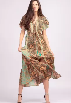 Rochie lunga cu volan si imprimeu floral, din matase indiana verde menta - portocaliu imagine