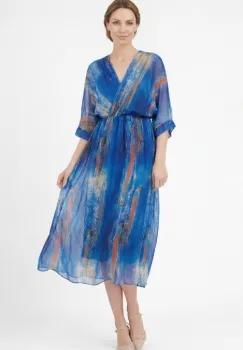 Rochie lunga dama din matase vaporoasa, croi lejer cu talie elastica si decolteu petrecut, imprimeu abstract in nuante de albastru imagine