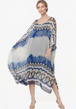 Rochie lunga dama din matase vaporoasa, croi lejer oversize tip kaftan, imprimeu artistic in nuante de albastru si bej imagine