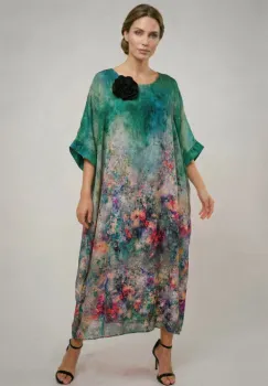 Rochie lunga dama vaporoasa oversized, croi amplu tip kaftan cu imprimeu artistic multicolor verde imagine