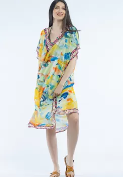 Rochie lunga de plaja tip poncho cu imprimeu acuarela multicolora imagine