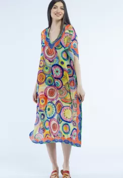 Rochie lunga de plaja tip poncho cu imprimeu mandale multicolore imagine