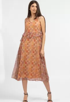 Rochie lunga diafana, orange, cu imprimeu oriental imagine