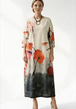 Rochie lunga din bumbac, cu imprimeu artistic cu maci rosii si croi lejer elegant imagine