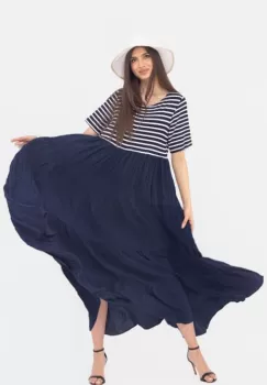 Rochie lunga din doua materiale ,cu dungi albe si volane bleumarin imagine