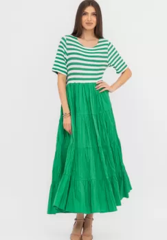 Rochie lunga din doua materiale ,cu dungi albe si volane, verde imagine