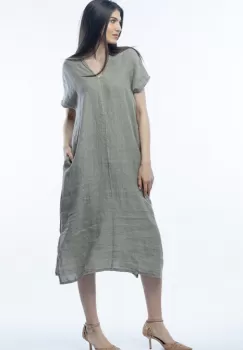 Rochie lunga din in cu funda pe spate,bej inchis imagine