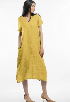 Rochie lunga din in cu funda pe spate, galbena imagine