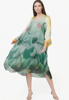 Rochie lunga din matase cu croi amplu si maneci largi, print abstract bej verde si accente calde imagine