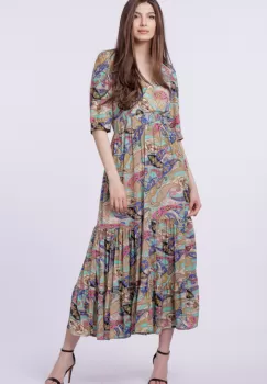 Rochie lunga din matase indiana, cu bust petrecut, imprimeu paisley si elemente aurii imagine