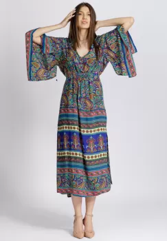 Rochie lunga din matase indiana cu maneca ampla si imprimeu arabesque albastru-verde imagine