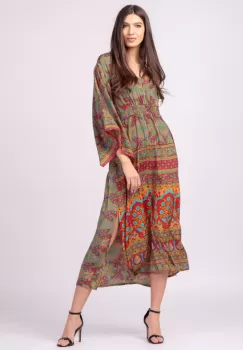 Rochie lunga din matase indiana cu maneca ampla si imprimeu arabesque rosu-verde imagine