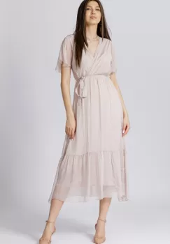 Rochie lunga din matase naturala cu bust petrecut, roz prafuit imagine