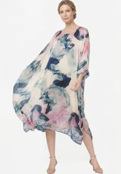 Rochie lunga din matase naturala cu croi amplu, print abstract bleumarin, pastel si efect pictural fluid imagine