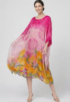 Rochie lunga din matase naturala cu croi amplu si maneci largi, print citric vibrant si degrade roz feminin imagine