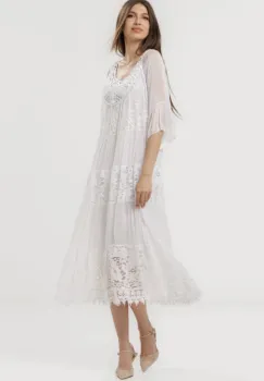 Rochie lunga din matase naturala cu detalii din dantela, alba imagine