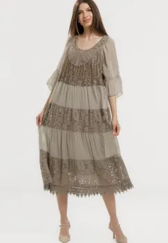 Rochie lunga din matase naturala cu detalii din dantela, bej inchis imagine