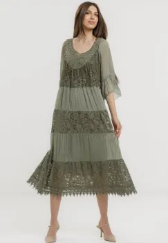 Rochie lunga din matase naturala cu detalii din dantela, kaki imagine