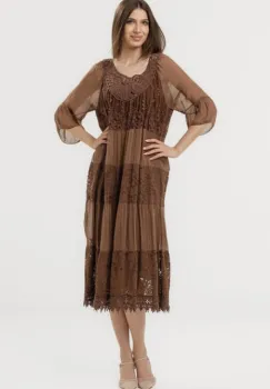 Rochie lunga din matase naturala cu detalii din dantela, maro imagine