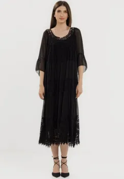 Rochie lunga din matase naturala cu detalii din dantela, neagra imagine