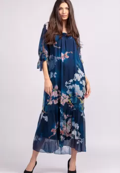 Rochie lunga din matase naturala, cu imprimeu flori de cires pe fond bleumarin imagine