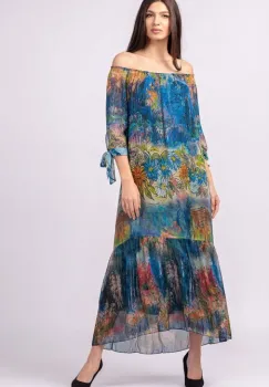Rochie lunga din matase si vascoza, cu imprimeu pictural in nuante de albastru imagine