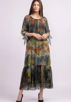 Rochie lunga din matase si vascoza, cu imprimeu pictural pe fond negru imagine
