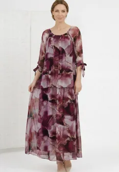 Rochie lunga din matase vaporoasa, croi lejer in doua straturi, imprimeu artistic bordo imagine